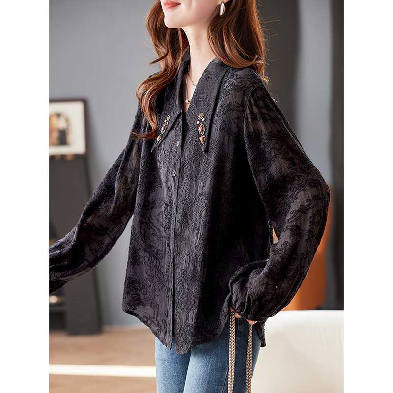 黒ブラウス ビジューポイント刺繍衿シフォンブラウス