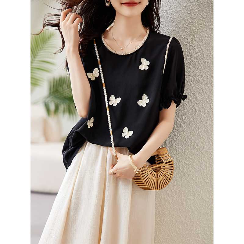 黒ブラウス 蝶々シフォンブラウス かわいい半袖