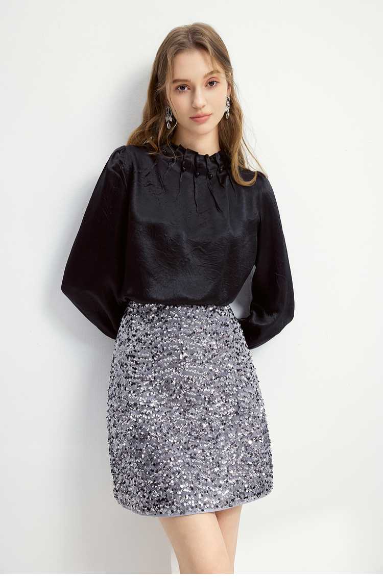 黒ブラウス シャーリングフリル袖シフォンブラウス