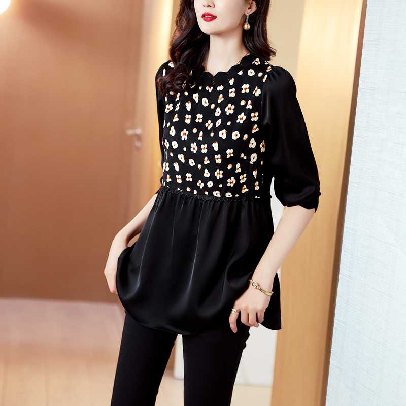 黒ブラウス 花柄切替ペプラムブラウス