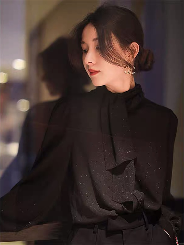 黒ブラウス リボン付きシフォンブラウス