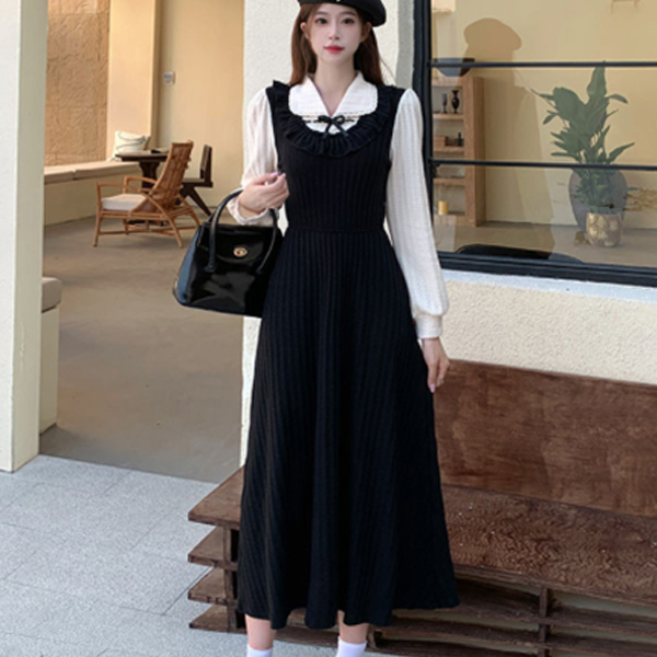 二〇二五年新作 長袖 黒ワンピース フェイク重ね着風 ロング丈 リボン付きプリーツ