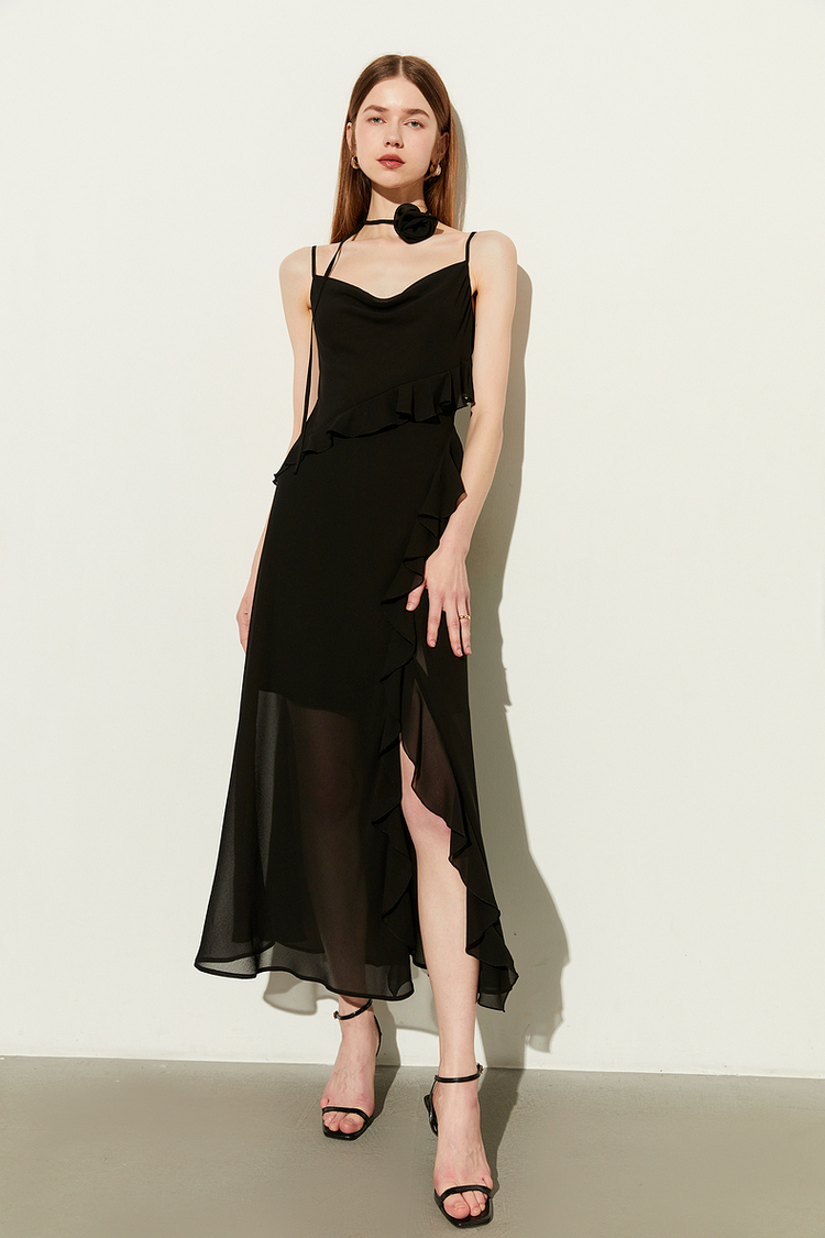 黒ワンピース シフォン重ね フリルリボンワンピース