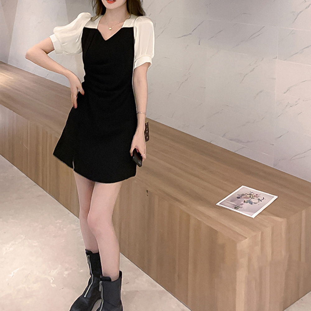 袖切り替え黒ワンピース スリット入り上品ドッキングワンピ