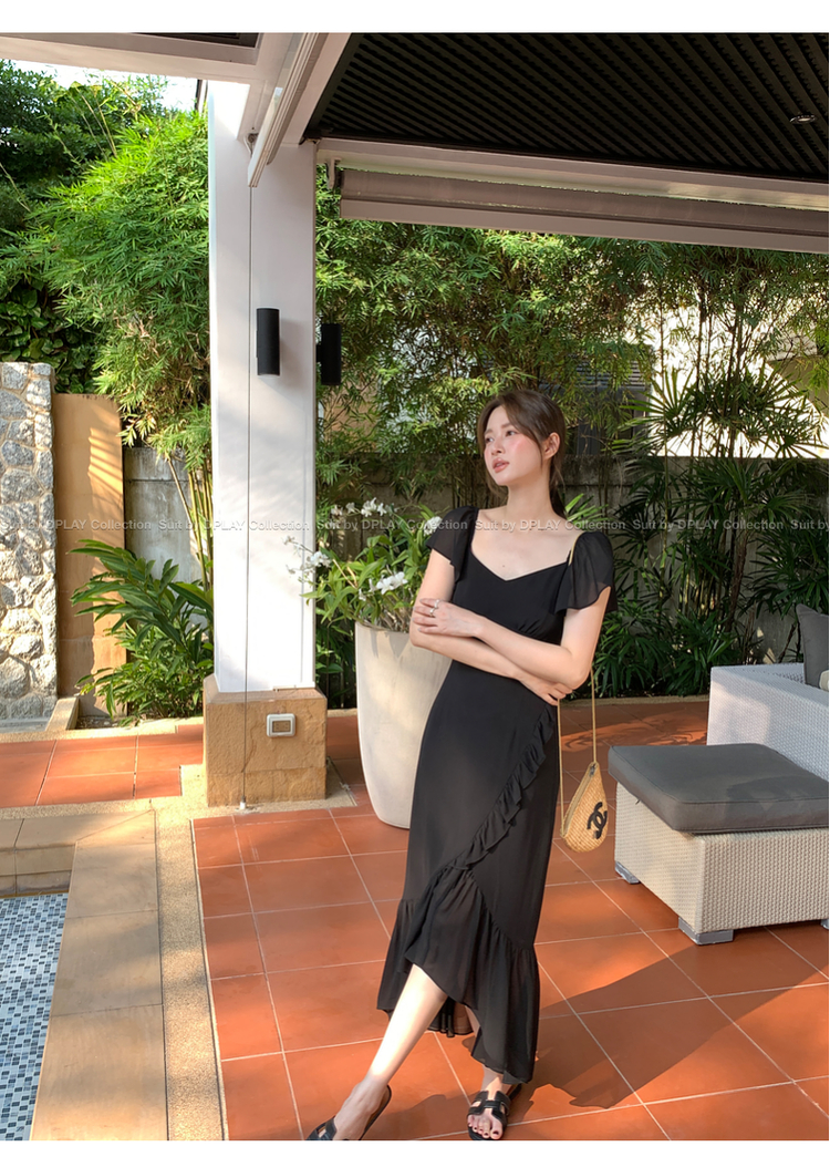 黒ワンピース 優美フリルアシンメトリーワンピース