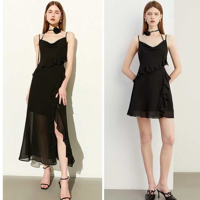 黒ワンピース シフォン重ね フリルリボンワンピース