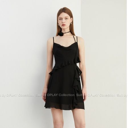 黒ワンピース シフォン重ね フリルリボンワンピース