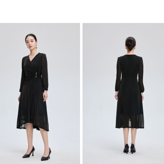 黒ワンピース 優美なカシュクールラメワンピース