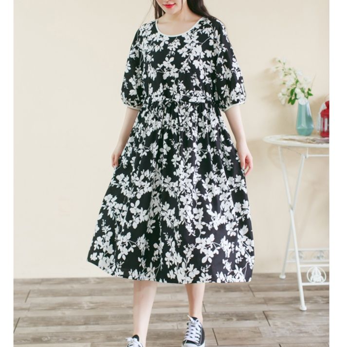 黒ワンピース 花柄バックリボンふんわりワンピース