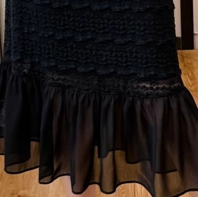 黒ワンピース 優美レース裾シフォンロングワンピース