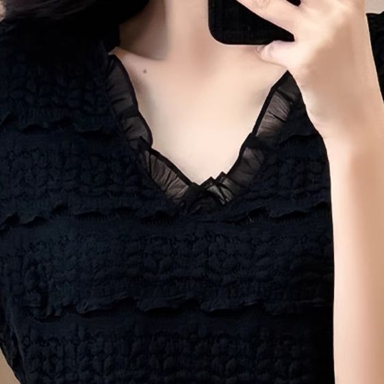 黒ワンピース 優美レース裾シフォンロングワンピース