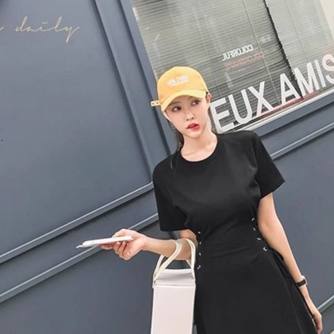 黒ワンピース ウエストコンシャス ロングワンピース