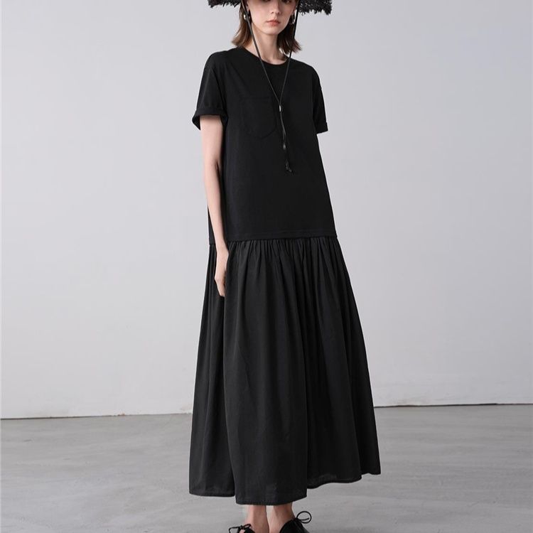 黒ワンピース 切り替えマキシ丈ゆったりワンピース