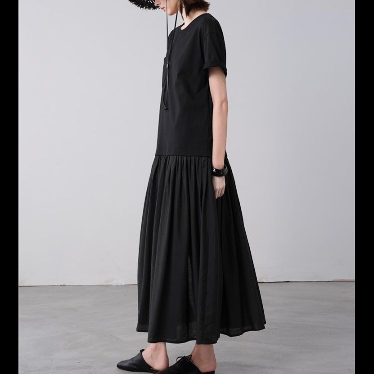 黒ワンピース 切り替えマキシ丈ゆったりワンピース