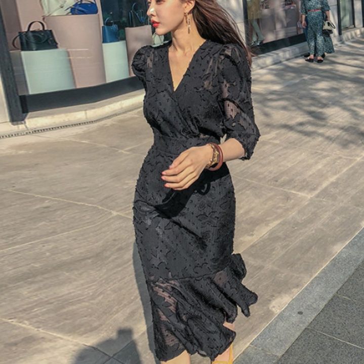 黒ワンピース 花柄レース ロングワンピース Vネック フィッシュテール 黒