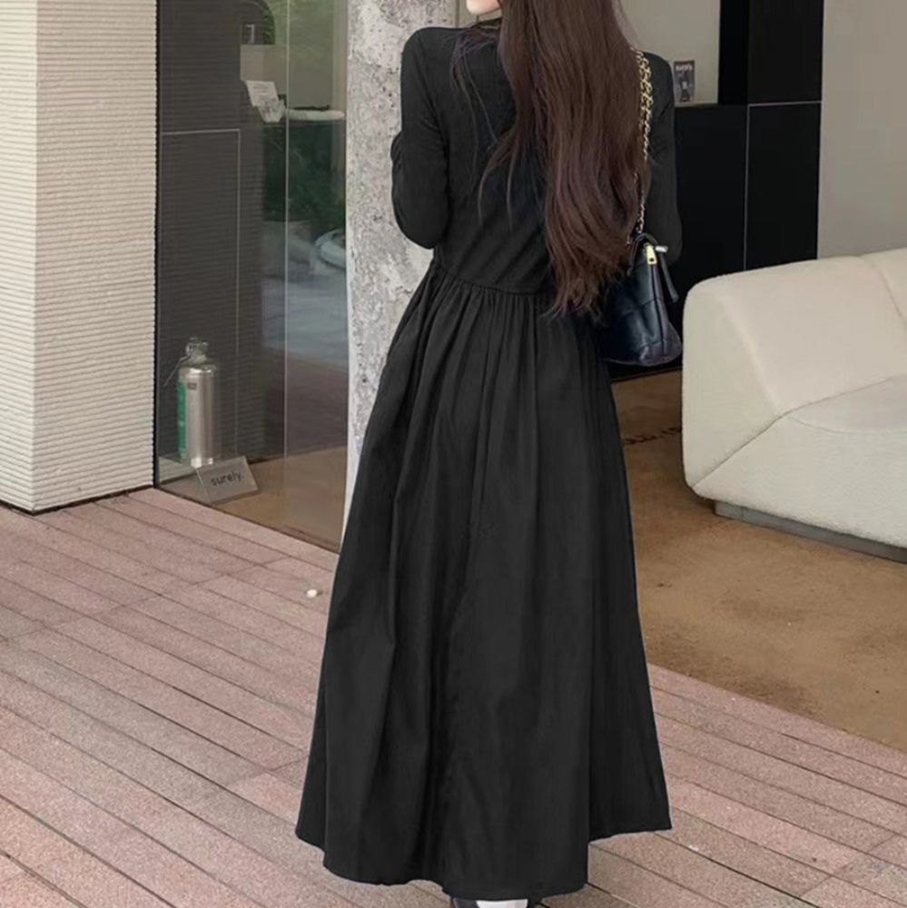 黒ワンピース フロントジップ 異素材切替 ロングワンピース 黒