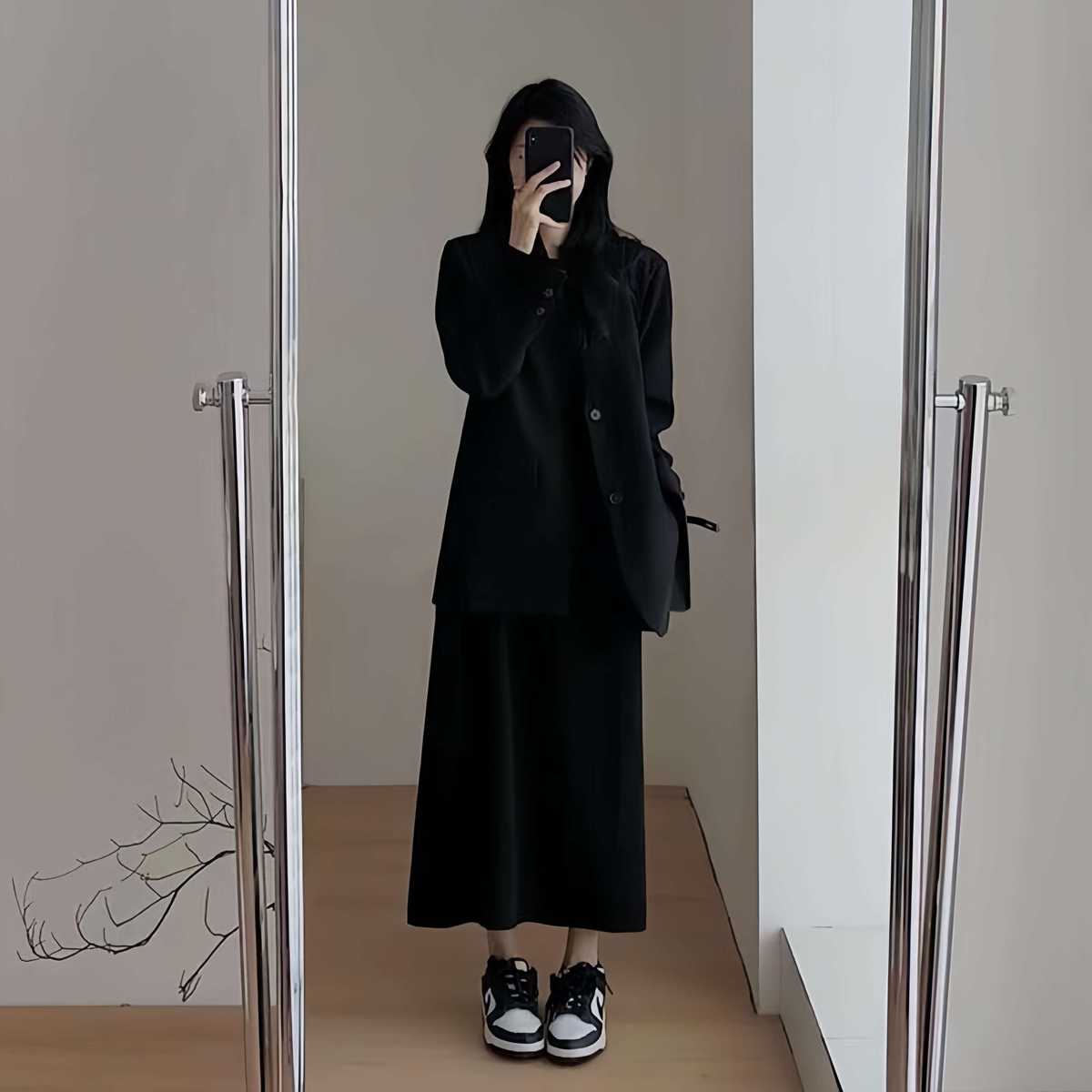 黒ワンピース シンプル長丈コートワンピース 