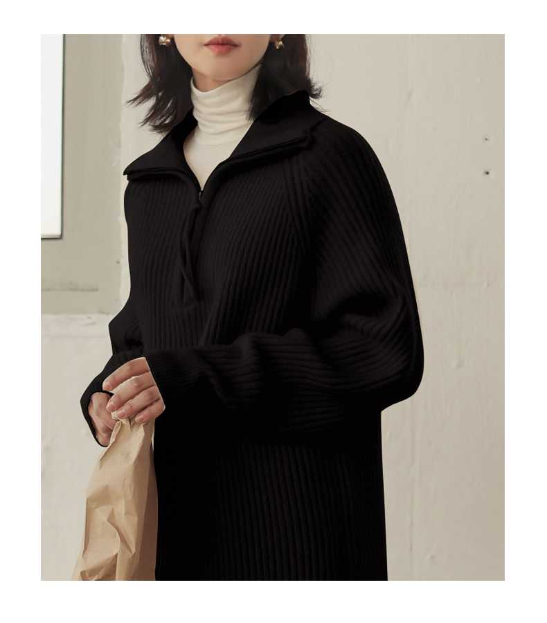 黒ワンピース 立体リブ編みハイネックワンピース