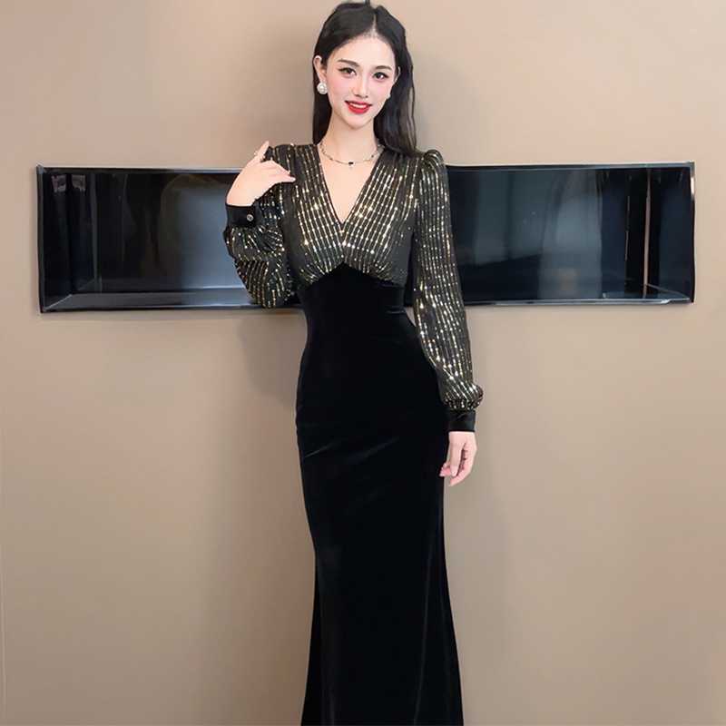 黒ワンピース キラめきスパンコール切替タイトワンピース