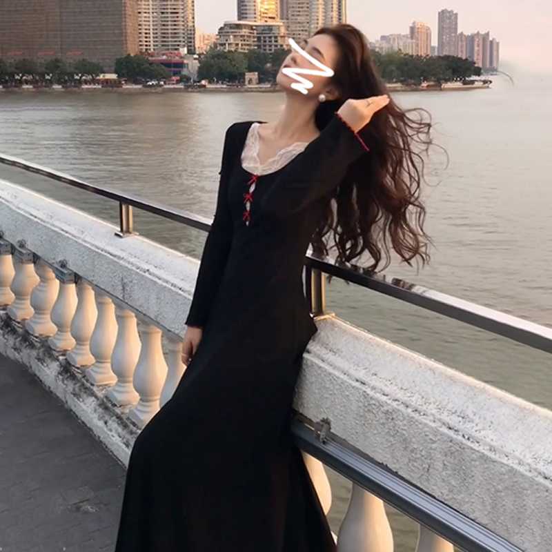 黒ワンピース レース切替 優美ワンピース