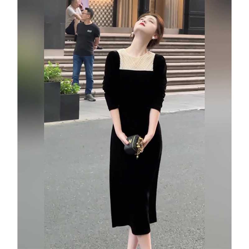 黒ワンピース クラシカル ニット切替タイトワンピース