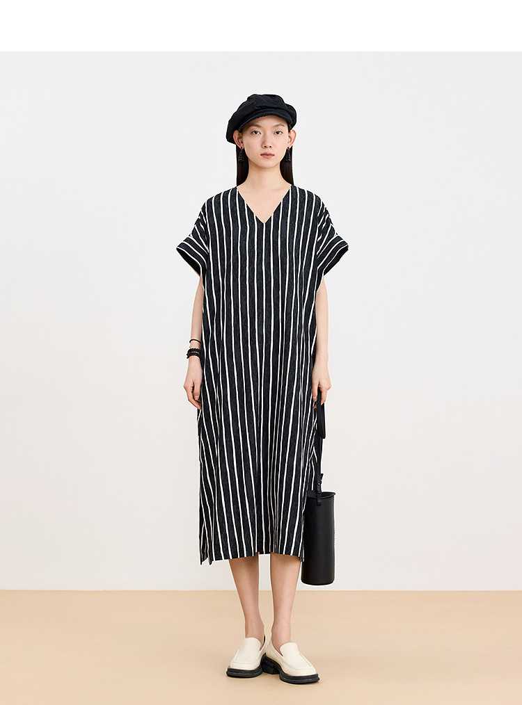 黒ワンピース ストライプ柄ゆるシルエットワンピース