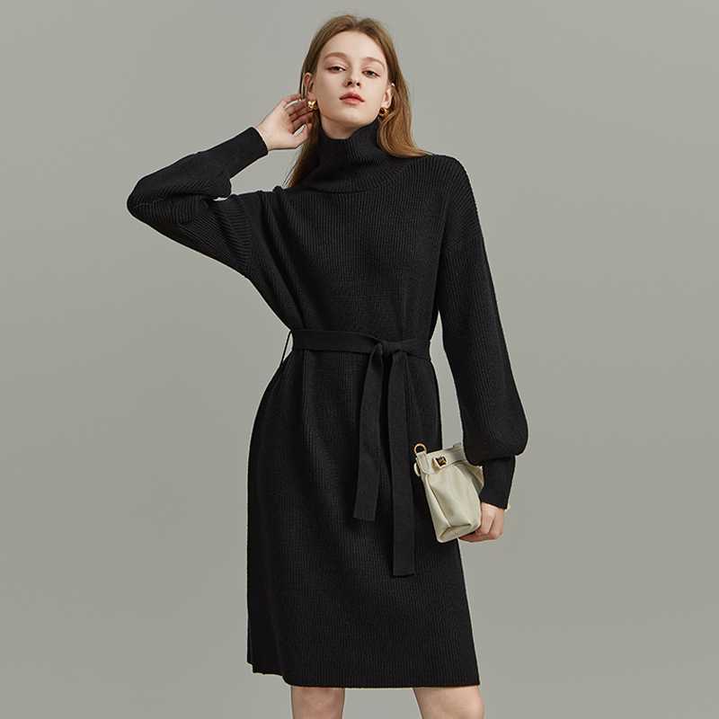 黒ワンピース タートルネックリブニット ベルト付きワンピース