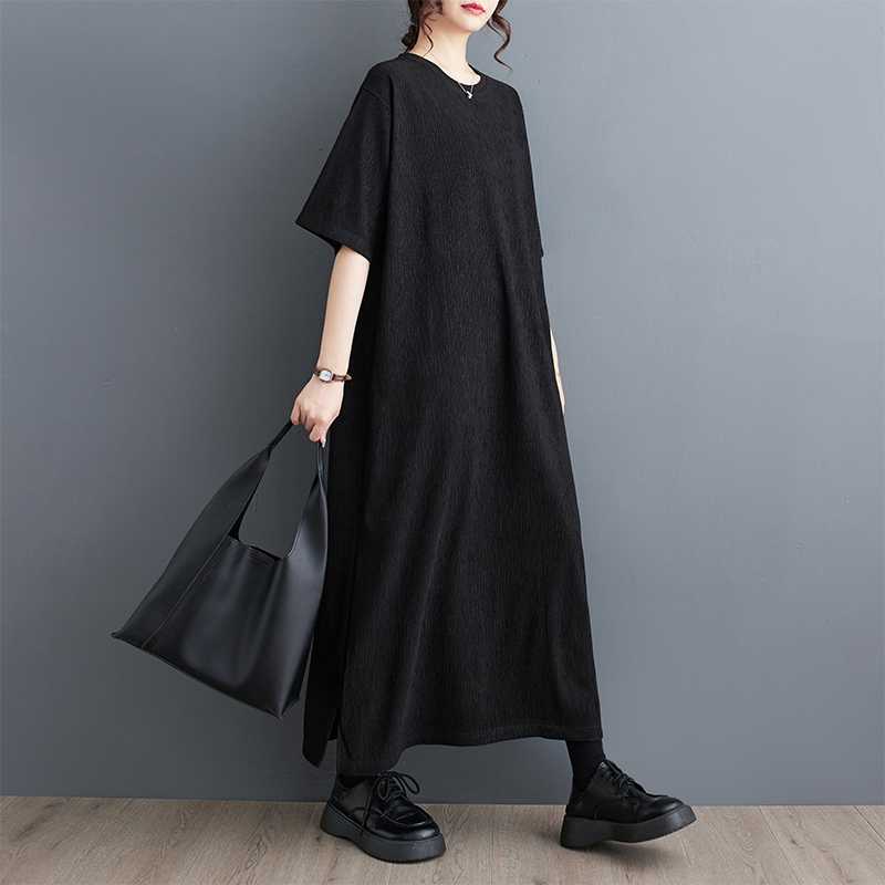 黒ワンピース ゆったりシルエット 半袖マキシワンピース