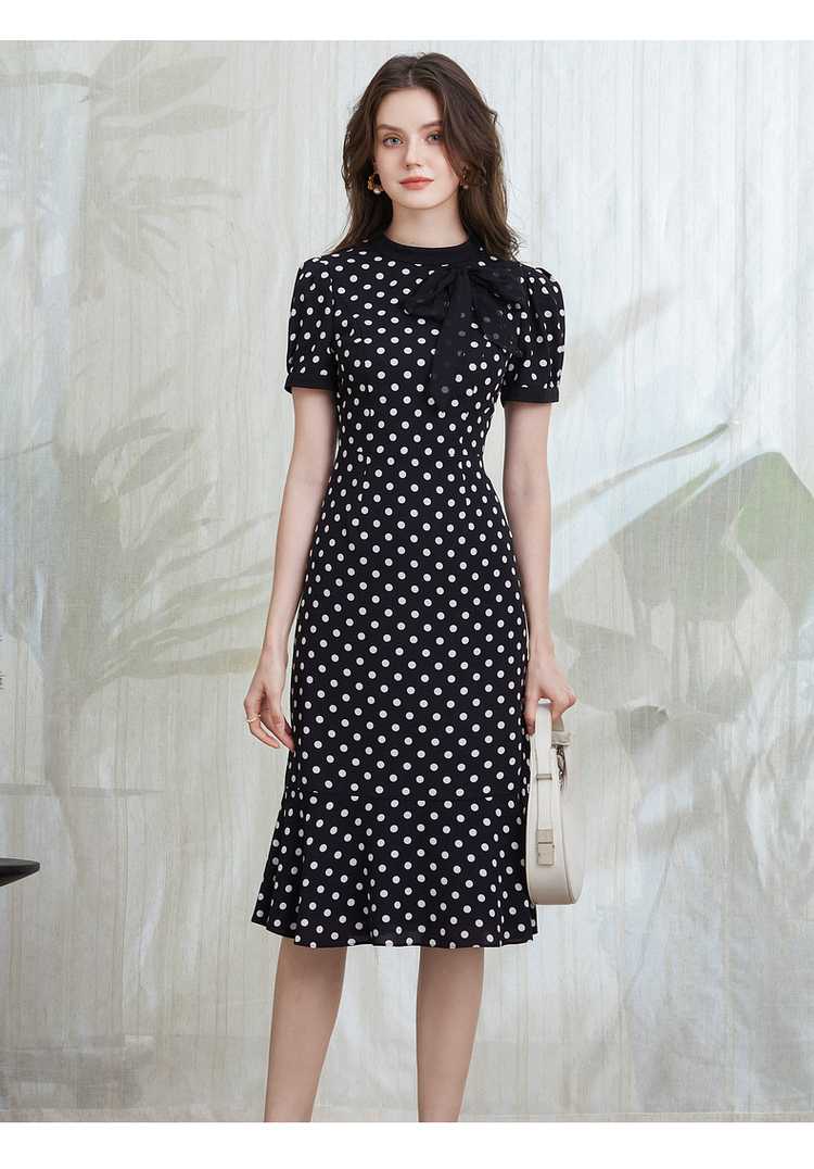 黒ワンピース リボン付き水玉模様レトロワンピース