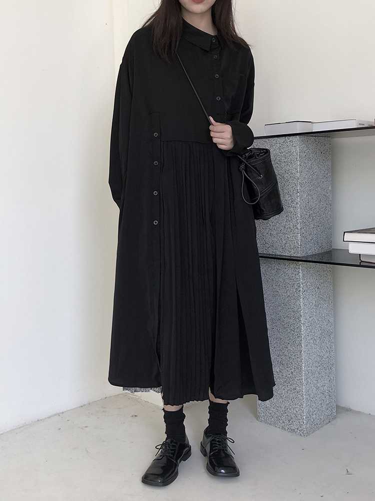 黒ワンピース プリーツ切替シャツカラーワンピース