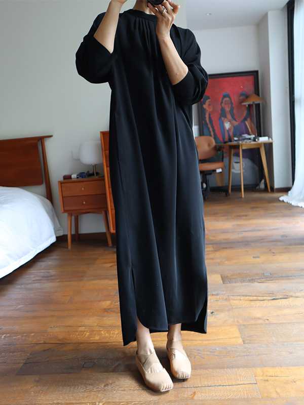 黒ワンピース 絶妙ギャザー ロング丈ワンピース