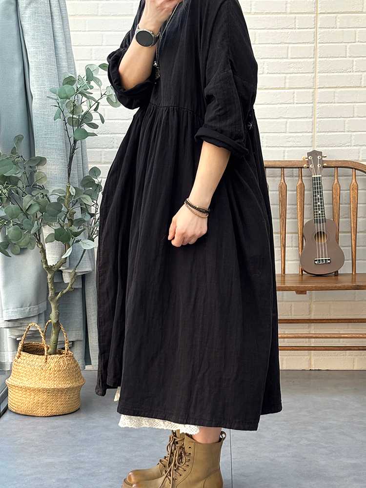 黒ワンピース ナチュラルギャザーゆったりワンピース