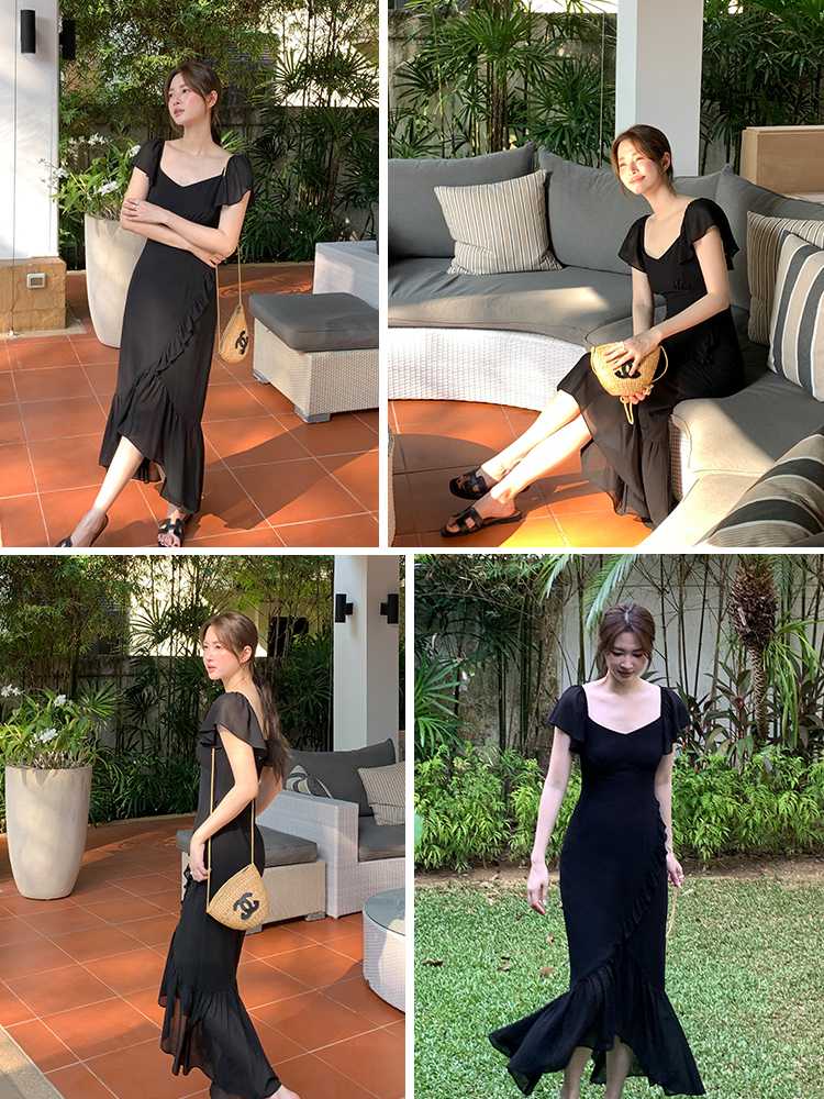 黒ワンピース 優美フリルアシンメトリーワンピース