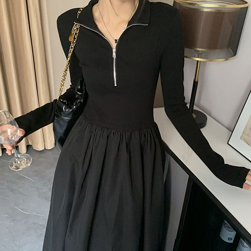 黒ワンピース ハーフジップフレアロングワンピース