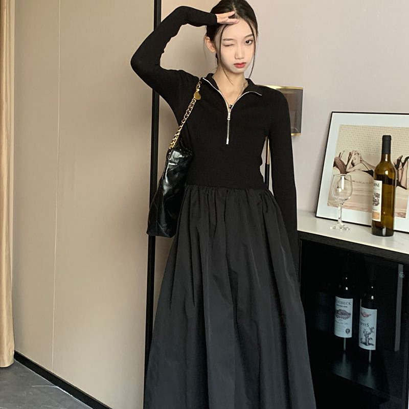 黒ワンピース ハーフジップフレアロングワンピース