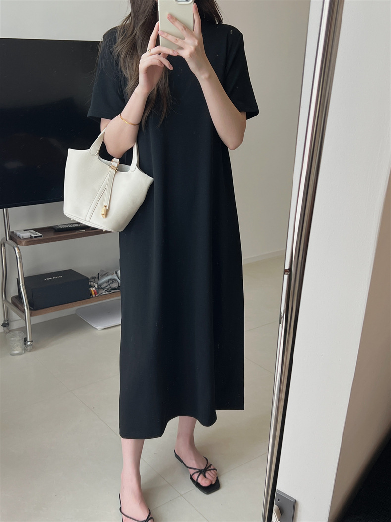 黒ワンピース シンプル半袖ロングワンピース