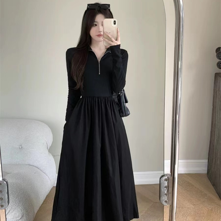 黒ワンピース 前開きジッパーフレアロングワンピース