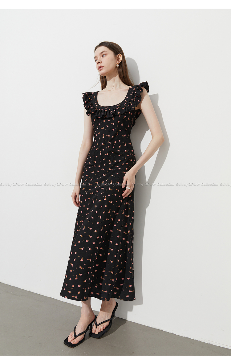 黒ワンピース 花柄フリルロングワンピース