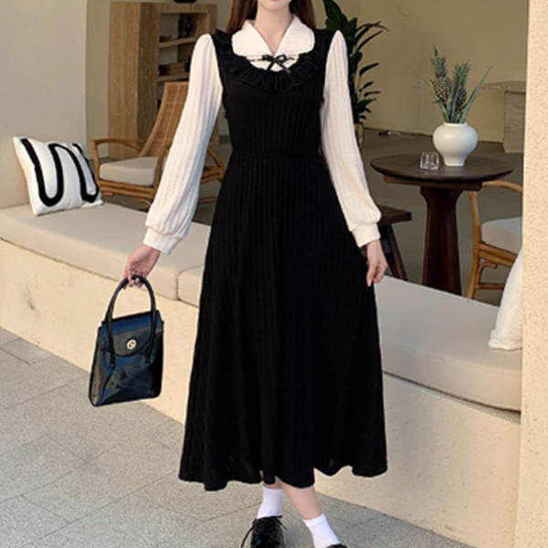 二〇二五年新作 長袖 黒ワンピース フェイク重ね着風 ロング丈 リボン付きプリーツ