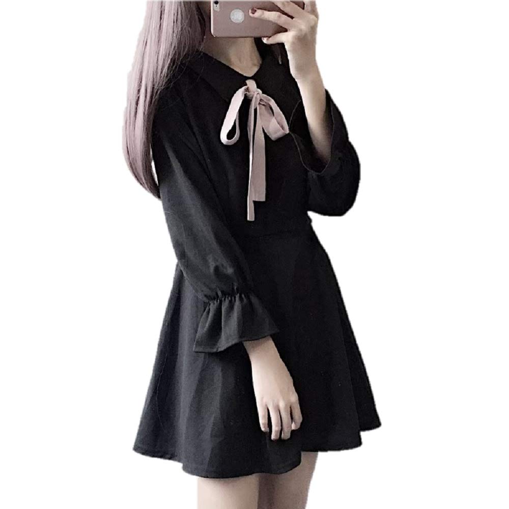 ピンクリボン付き黒ワンピース 長袖ロリータ風フレア