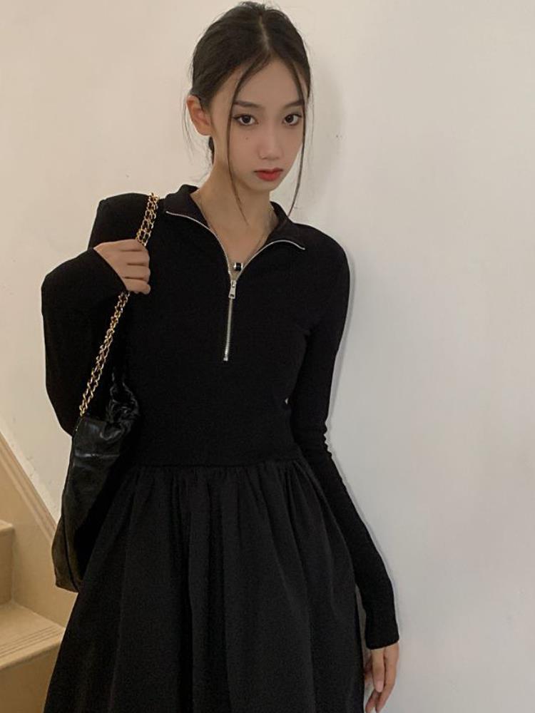 黒ワンピース ハーフジップフレアロングワンピース