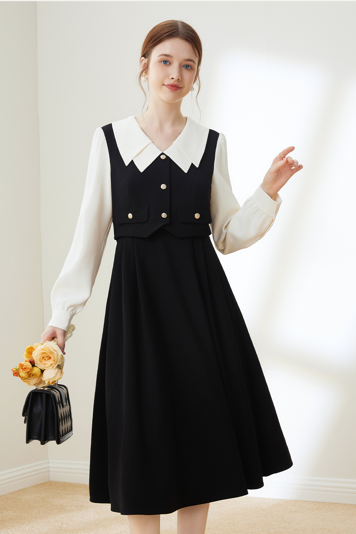 黒ワンピース レトロ襟付きジャンパースカート