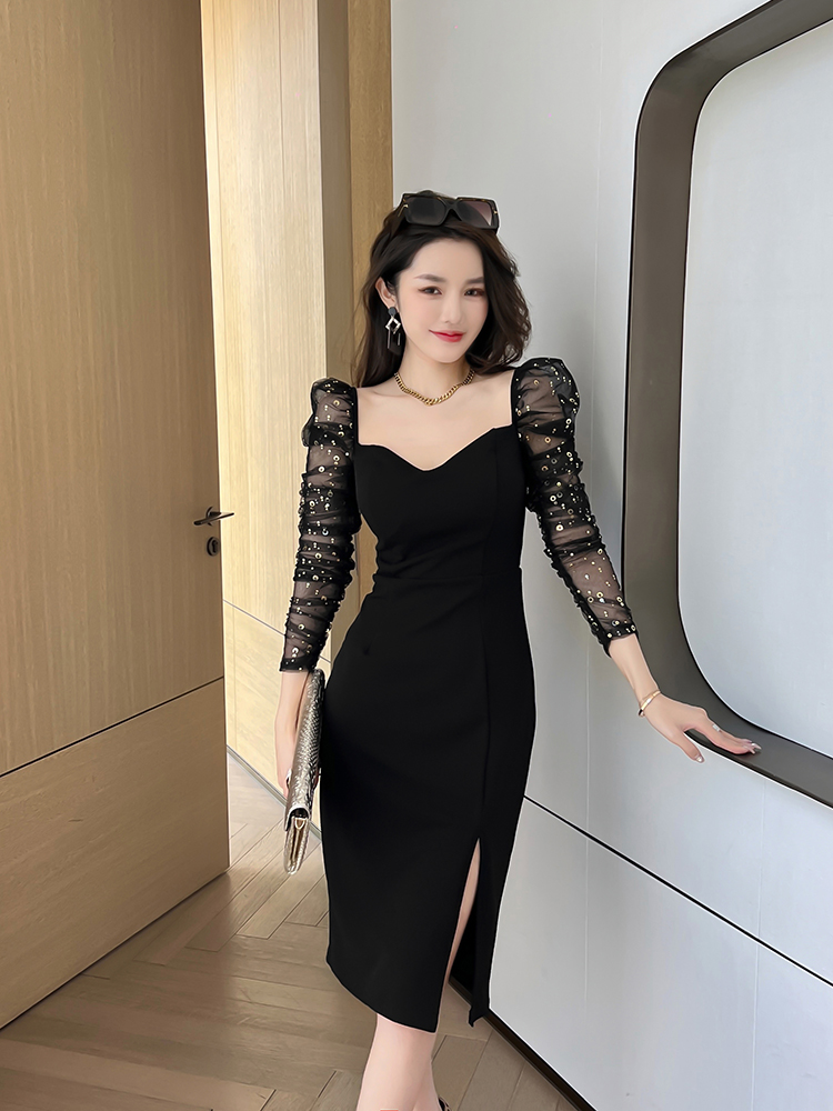 黒ワンピース シアースリーブ スリットタイトワンピース