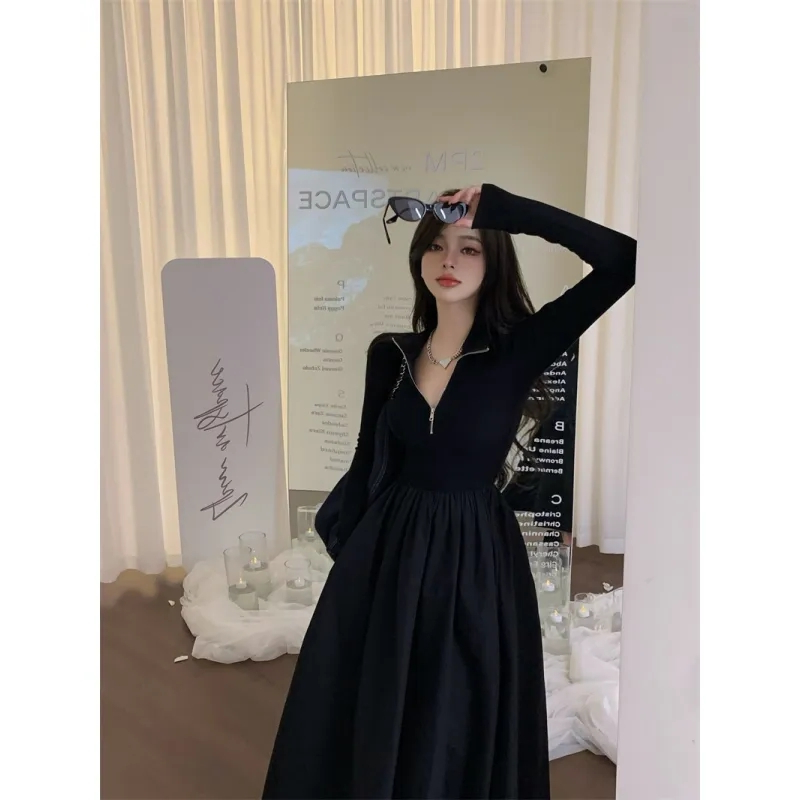 黒ワンピース ジッパー襟フレアロングワンピース