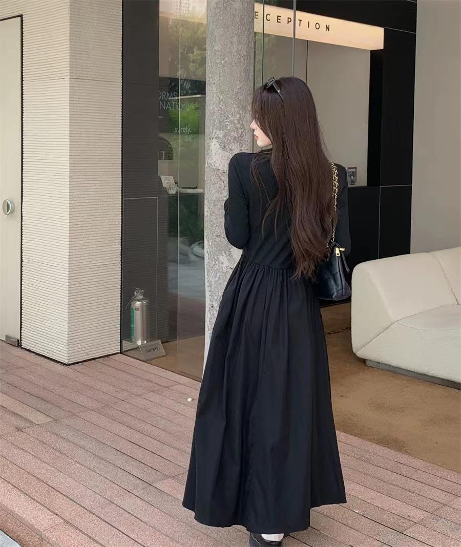 黒ワンピース 前開きジッパーフレアロングワンピース