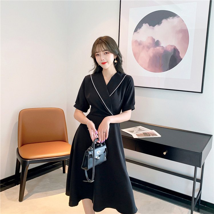 黒ワンピース 大人上品 パイピング半袖ワンピース 春夏 黒 レディース