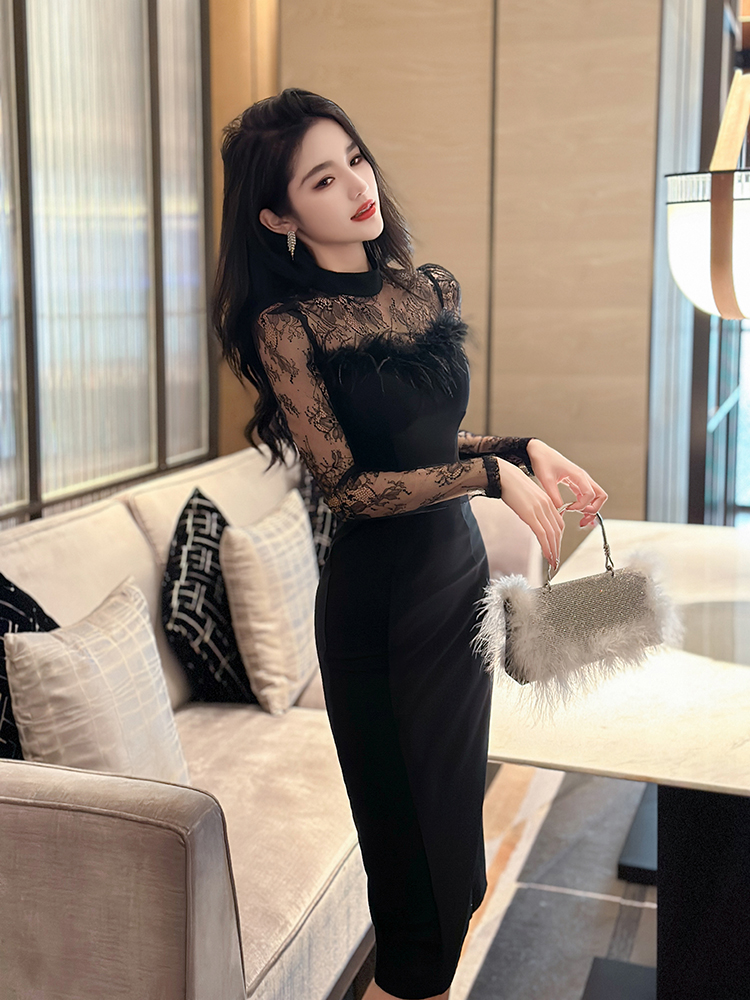 黒ワンピース レース切替え美シルエットワンピース