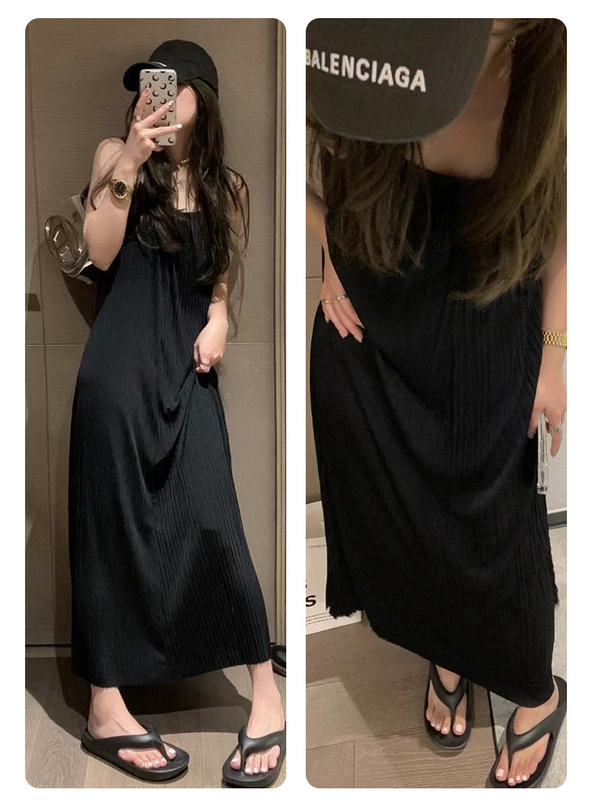 黒ワンピース 優雅な細肩紐マキシワンピース