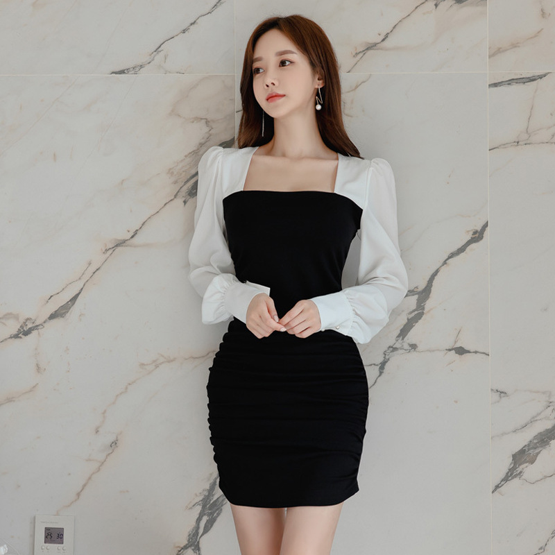 黒ワンピース スクエアネック タイトワンピース 白袖バイカラー