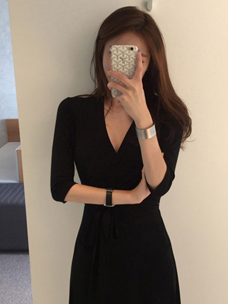 黒ワンピース 優雅なカシュクールロングワンピース